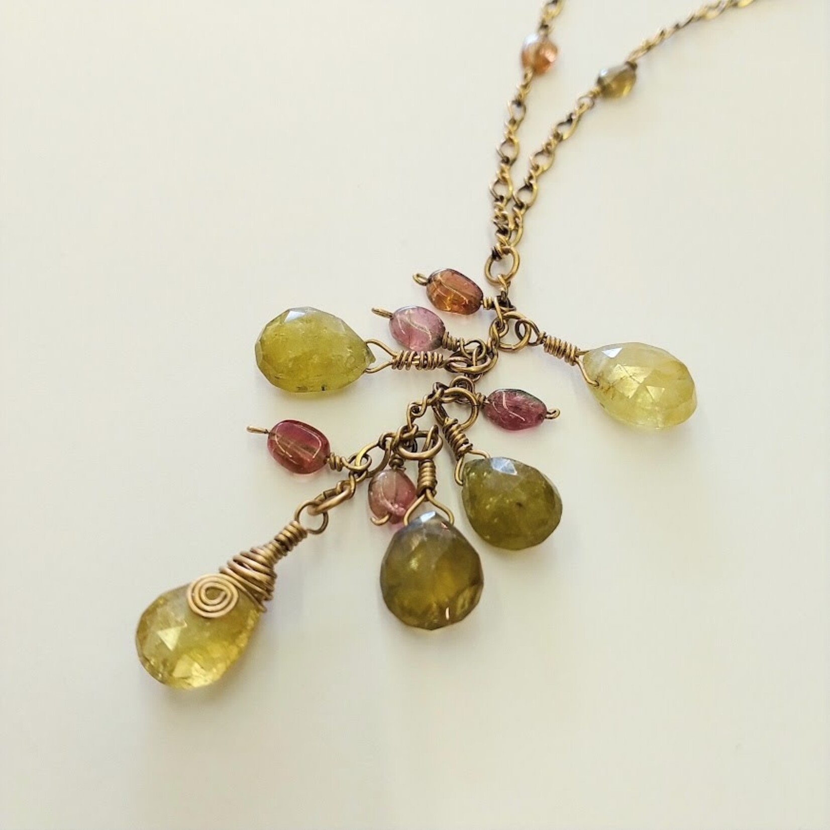 Gold Filled Peridot and Tourmaline Wire Wrapped Chain Necklace - Vicki's Creations