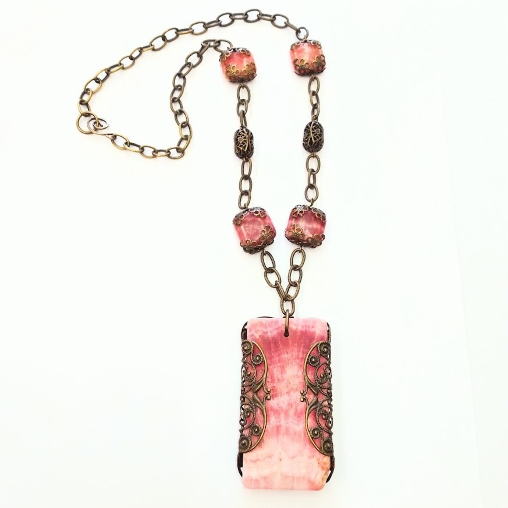 Rhodochrosite Filigree Wrapped Brass Necklace - Vicki's Creations