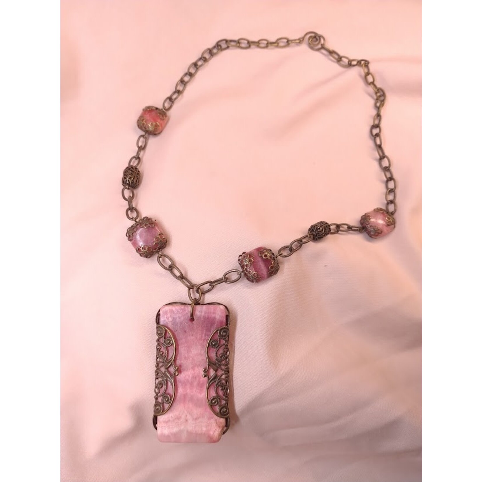 Rhodochrosite Filigree Wrapped Brass Necklace - Vicki's Creations