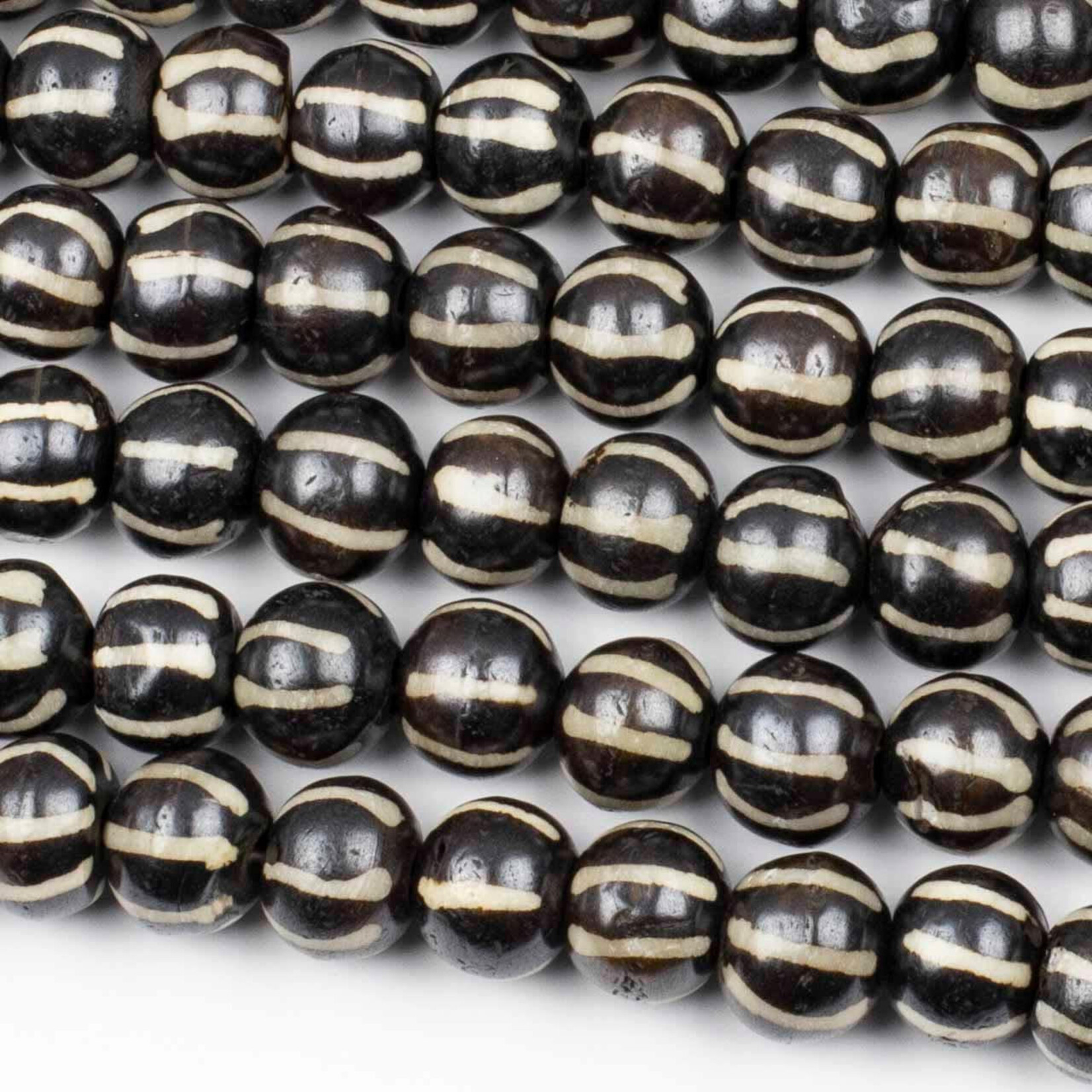 Bone 10x12mm Carved Black Round Bead Strand