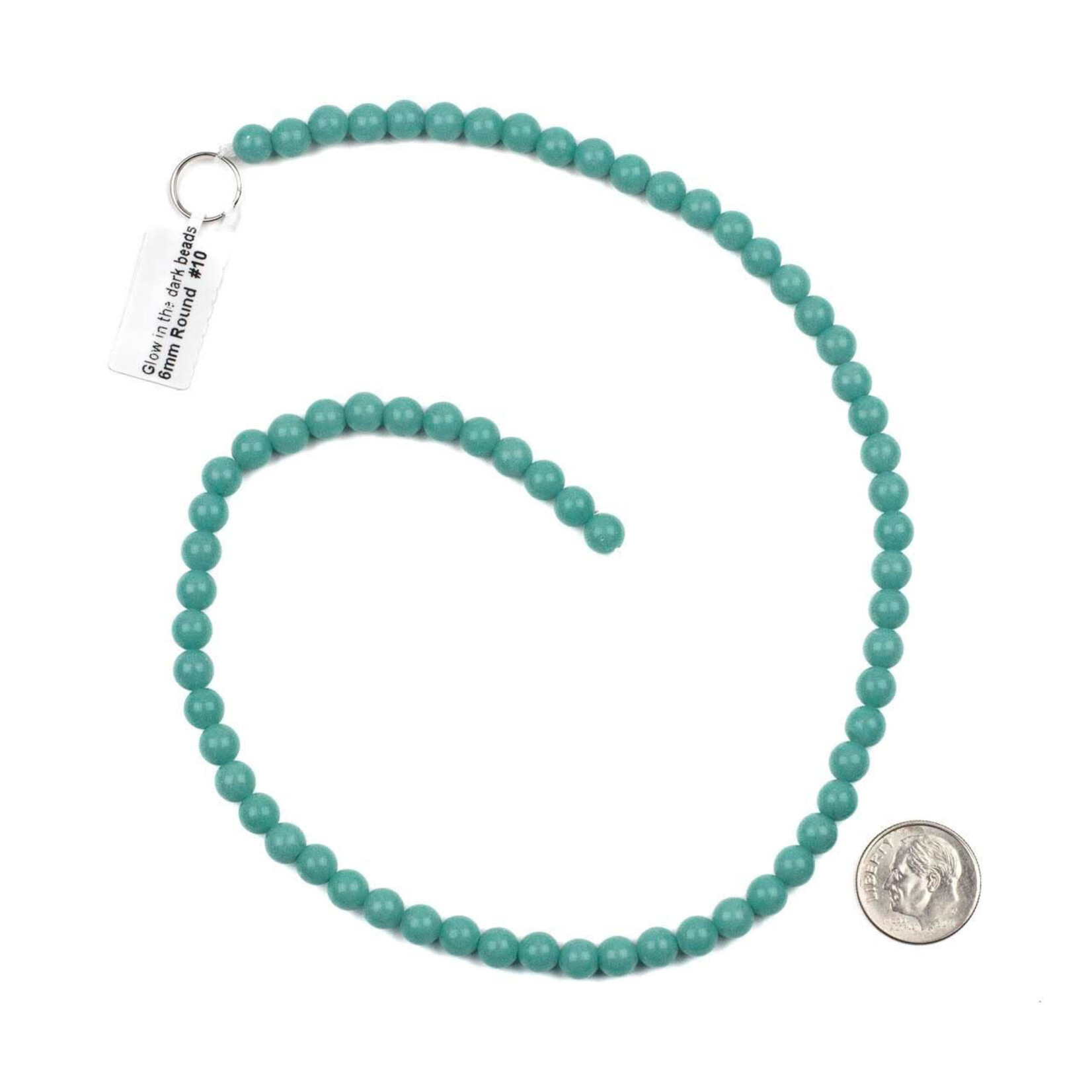 Glass  6mm Glow-in-the-Dark Teal Green Round Bead Strand