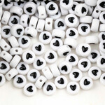 Acrylic Double-sided  7mm Coin Black Hearts on White Bead
