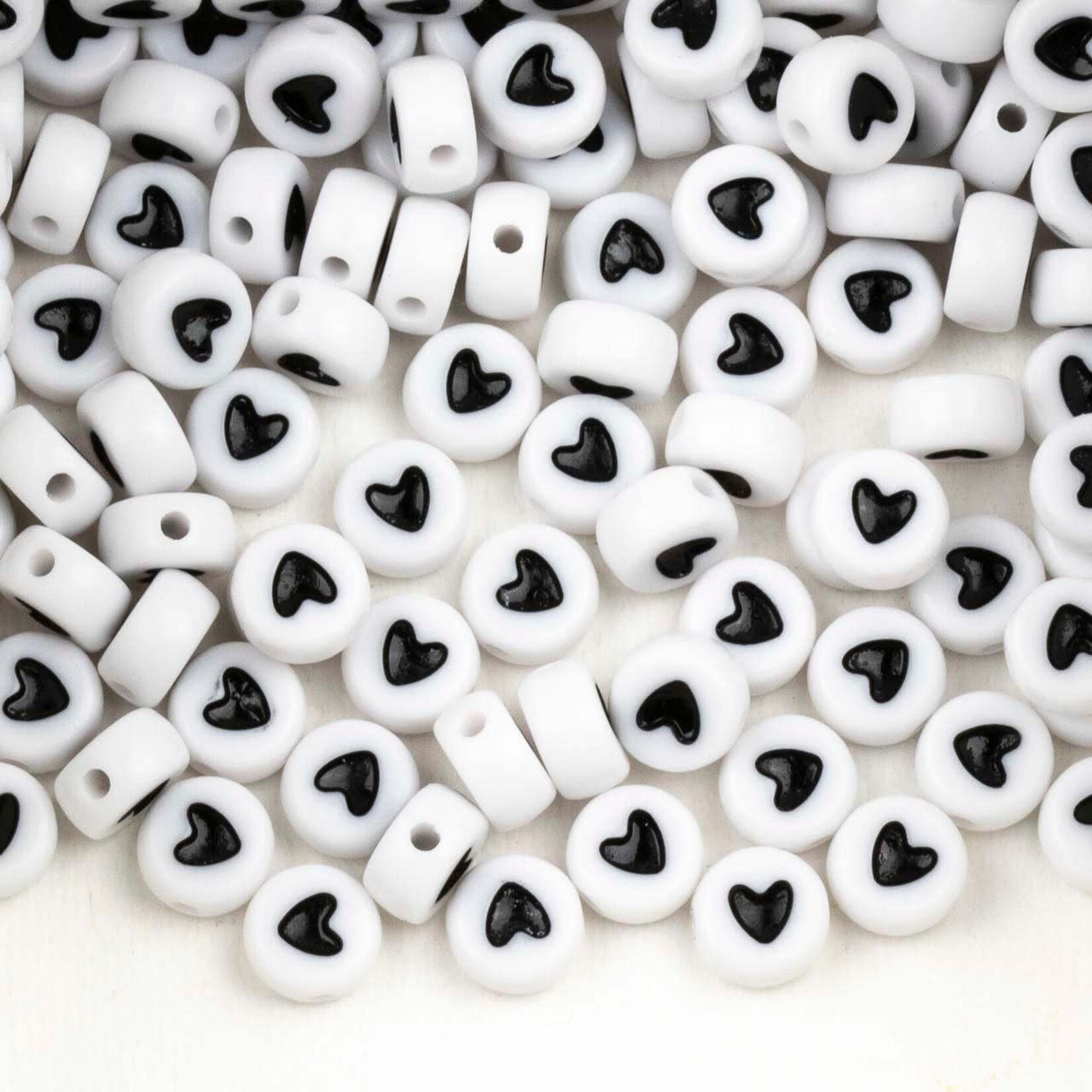 Acrylic Double-sided  7mm Coin Black Hearts on White Bead