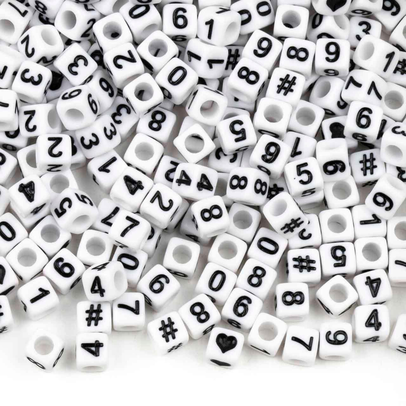 Acrylic  6mm Cube White w/ Black Number Bead