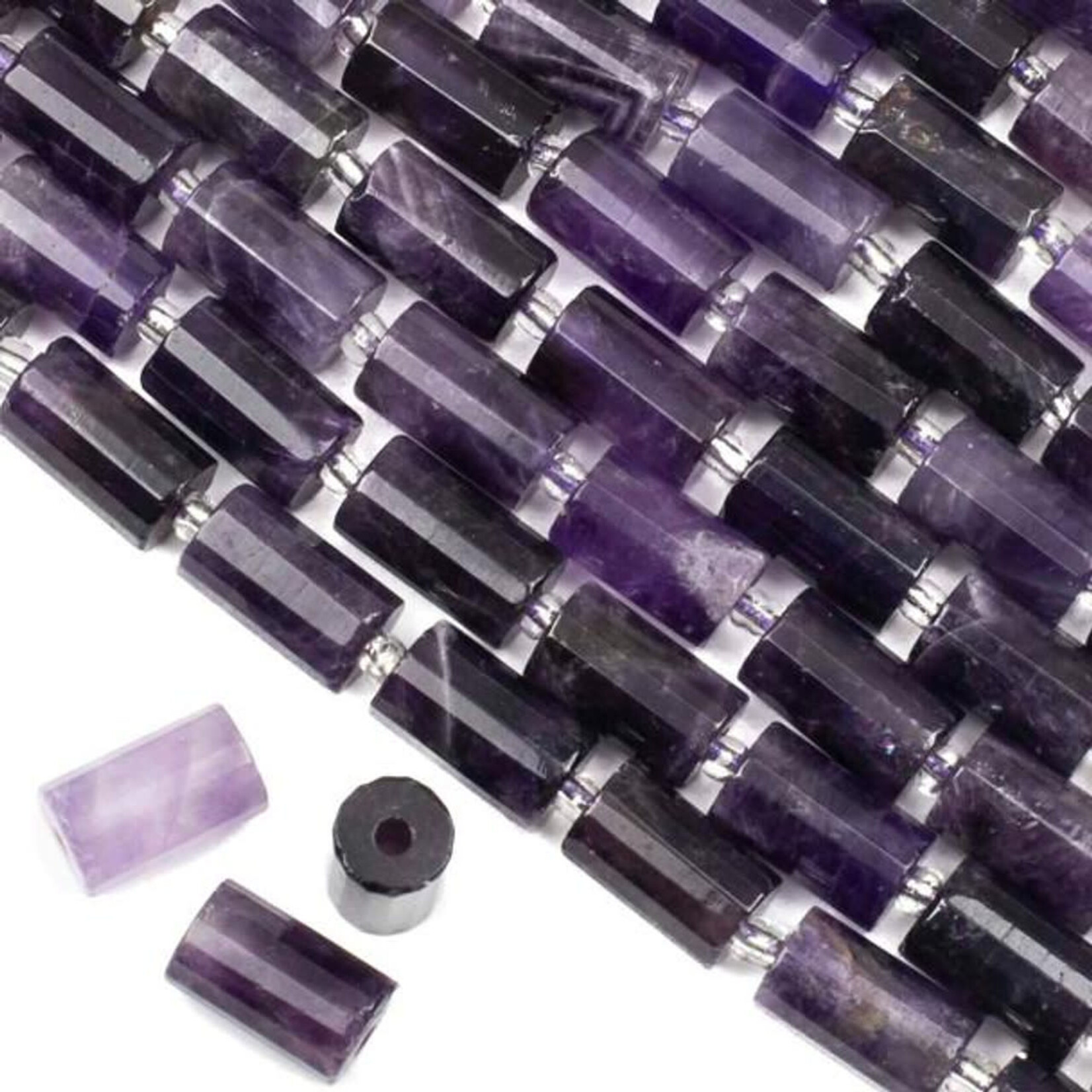 Amethyst 10x16mm 2.5mm Hole Faceted Tube Bead Strand