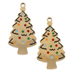 Gold Plated Stainless Steel 11x20mm Christmas Tree Charm with Enameled Multicolored Ornaments