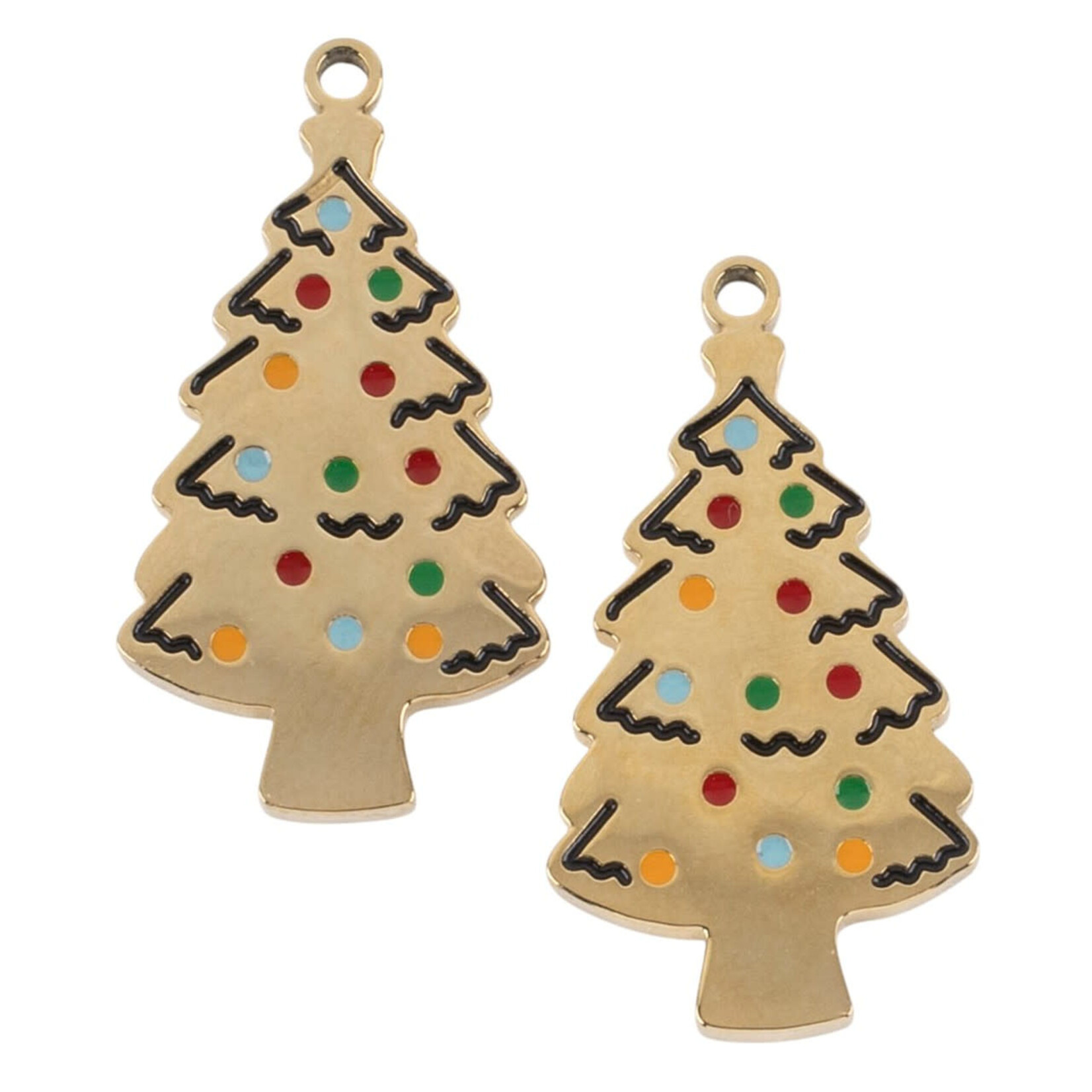 Gold Plated Stainless Steel 11x20mm Christmas Tree Charm with Enameled Multicolored Ornaments