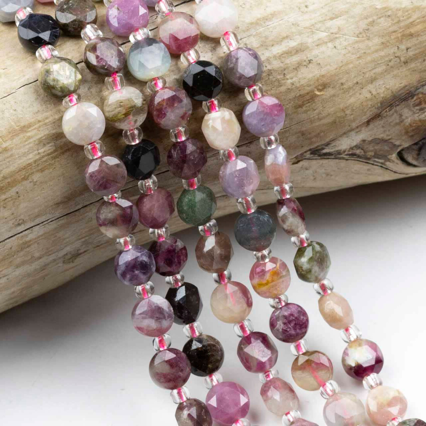 Rainbow Tourmaline  6mm Faceted Hexagonal Coin Bead Strand