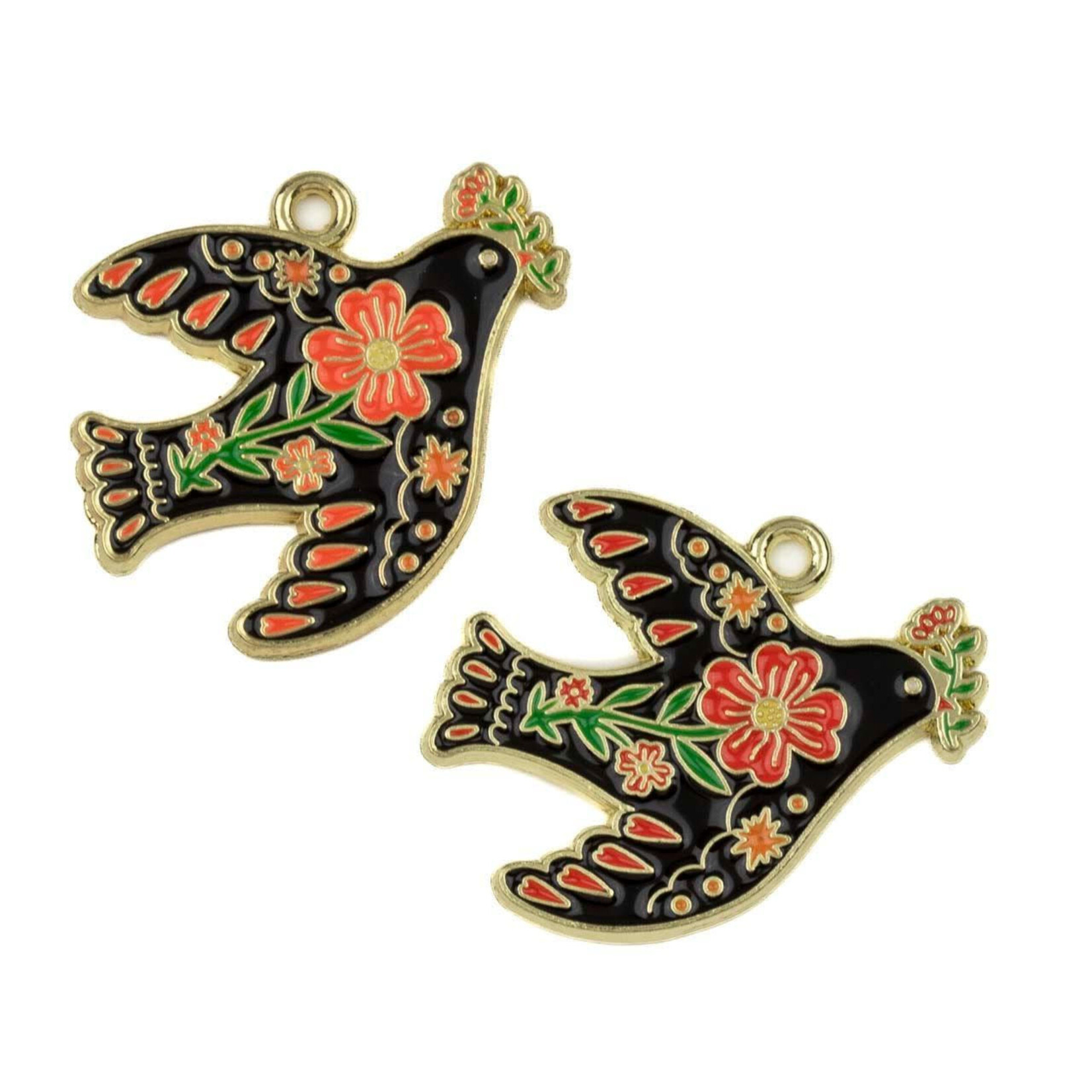Enameled Gold Pewter 23x27mm Black & Orange Peace Dove Charm