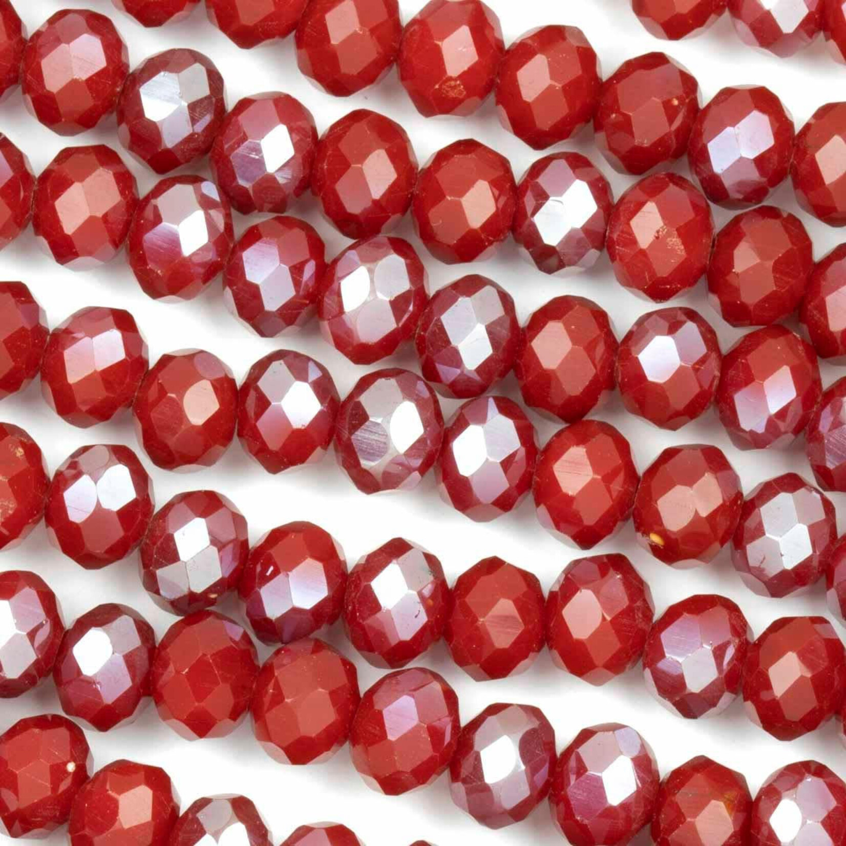 Faceted Glass Rondelles  6x8mm Opaque Silver Kissed Cherry Red Bead Strand