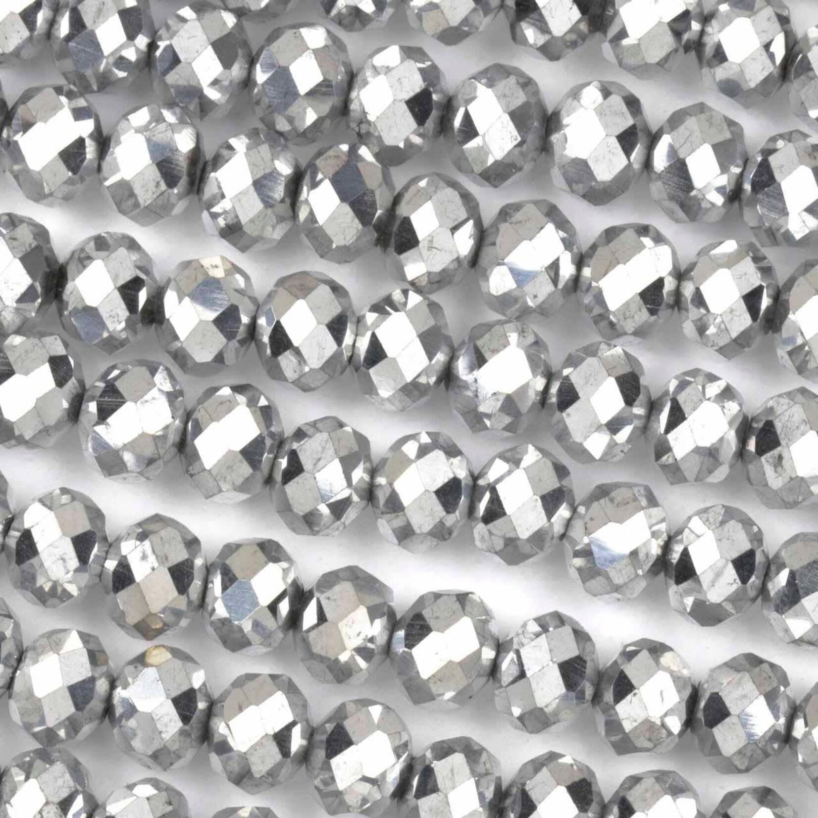 Faceted Glass Rondelles  6x8mm Opaque Bright Silver Bead Strand