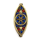 Tibetan Brass 18x42mm Flower Marquise Lapis and Red Coral Inlayed Focal Bead