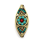 Tibetan Brass 17x42mm Turquoise Howlite and Red Coral Inlayed Marquise Focal Bead