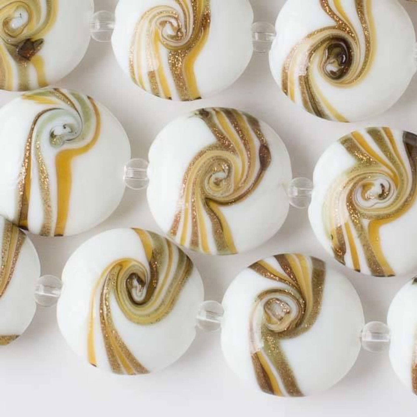 Lampwork Glass 20mm White Coin Beads with Caramel and Gold Glitter Swirl - Single