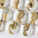 Lampwork Glass 20mm White Coin Beads with Caramel and Gold Glitter Swirl Bead Strand