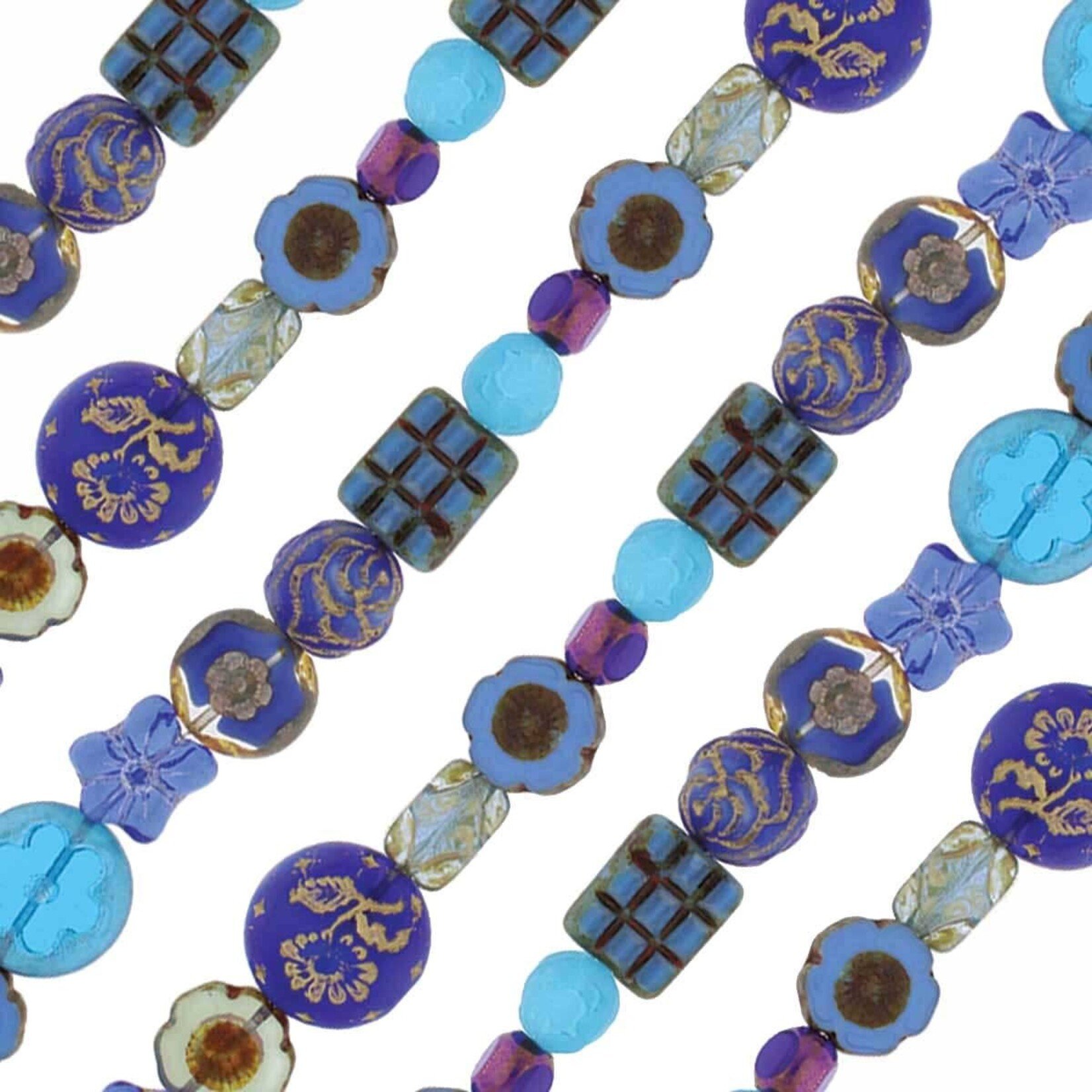 Czech Glass Blue Table Cut and Pressed Mix Strand