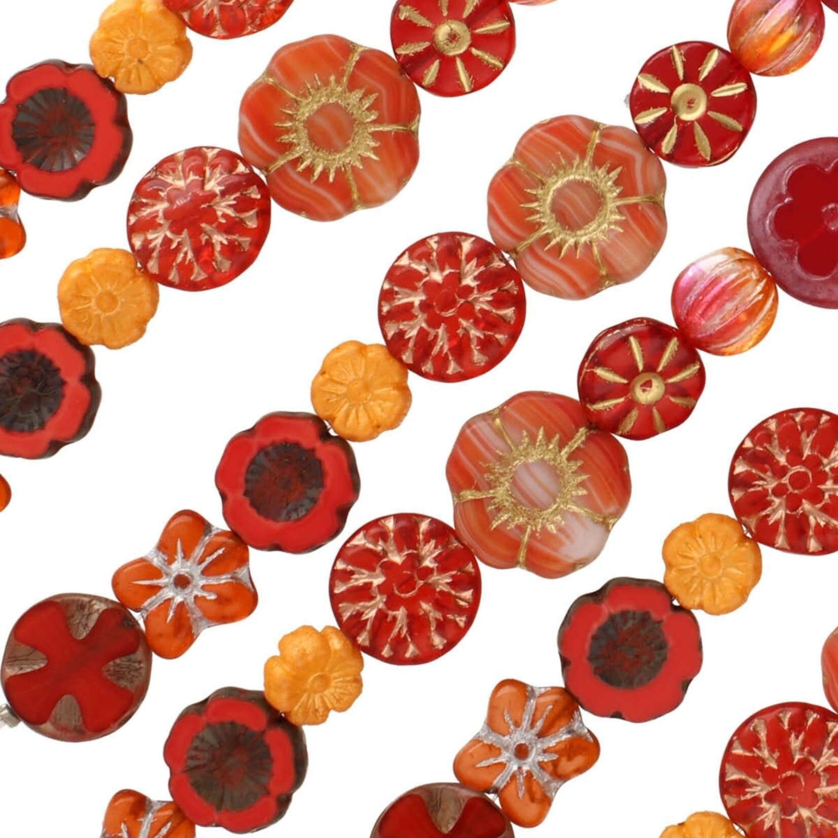 Czech Glass Red Orange Table Cut and Pressed Mix Strand