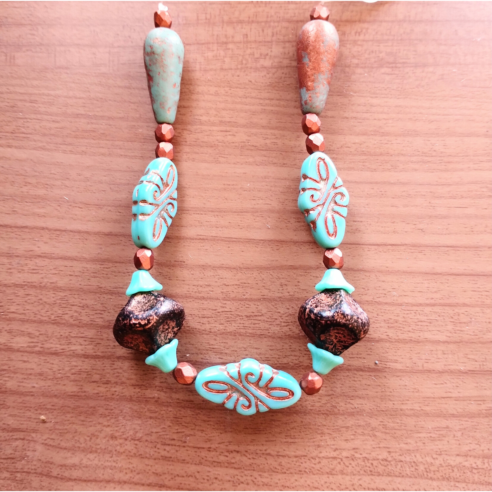 Czech Glass Copper Washed Turquoise Table Cut and Pressed Mix Strand