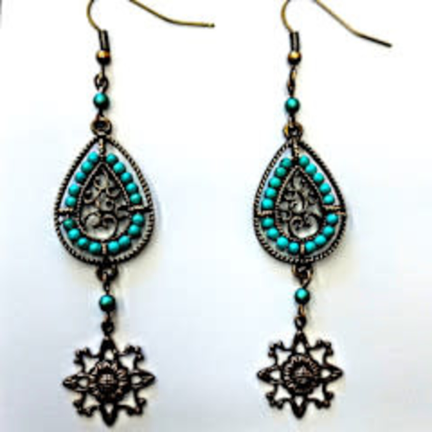 Bead Inspirations Turquoise Flower Filigree Earrings - Ready to Wear