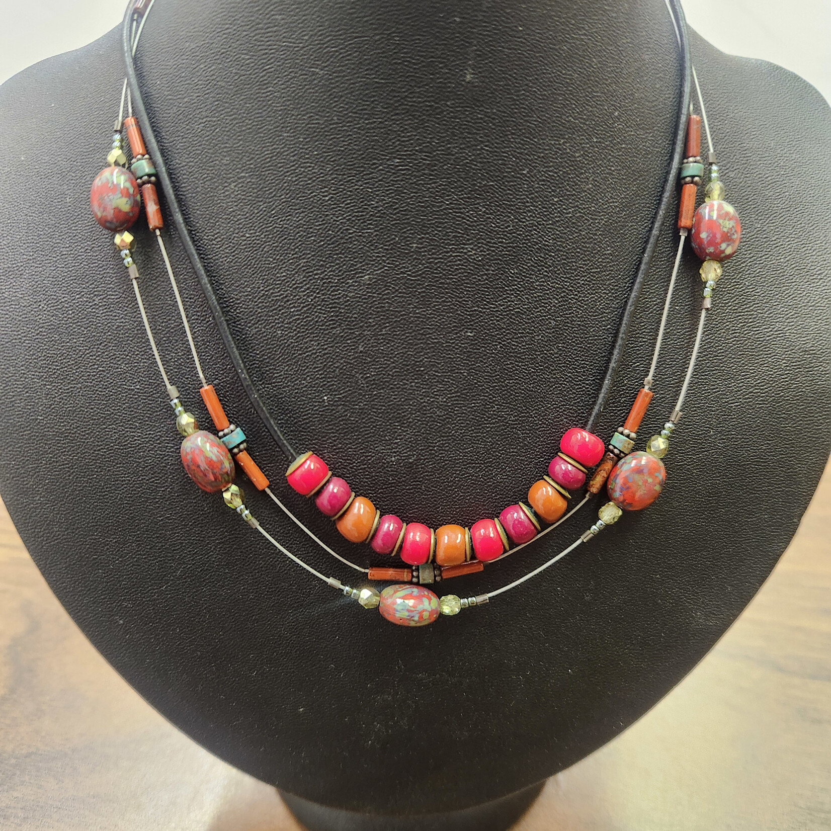 Czech Glass 17" Red & Green Floating Necklace - Ready to Wear