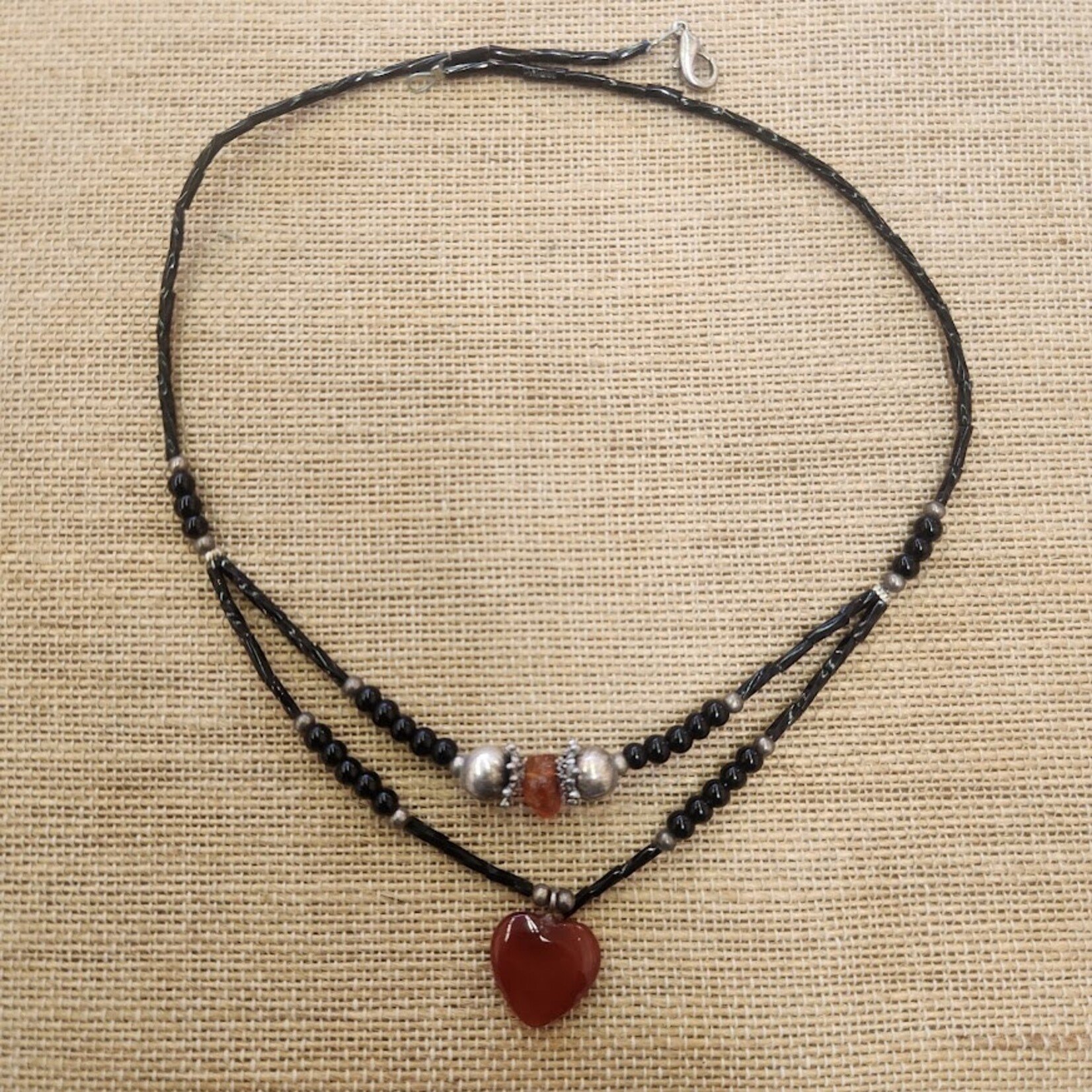 Carnelian Heart & Black Seed Bead 16 1/2" Necklace - Ready to Wear