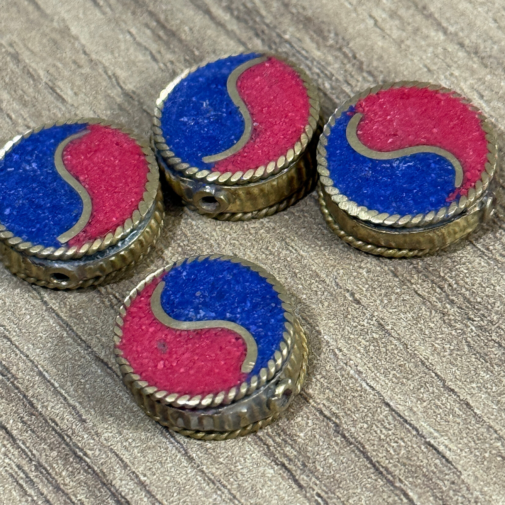 Tibetan Brass Inlaid Coral & Lapis Yin & Yang Bead