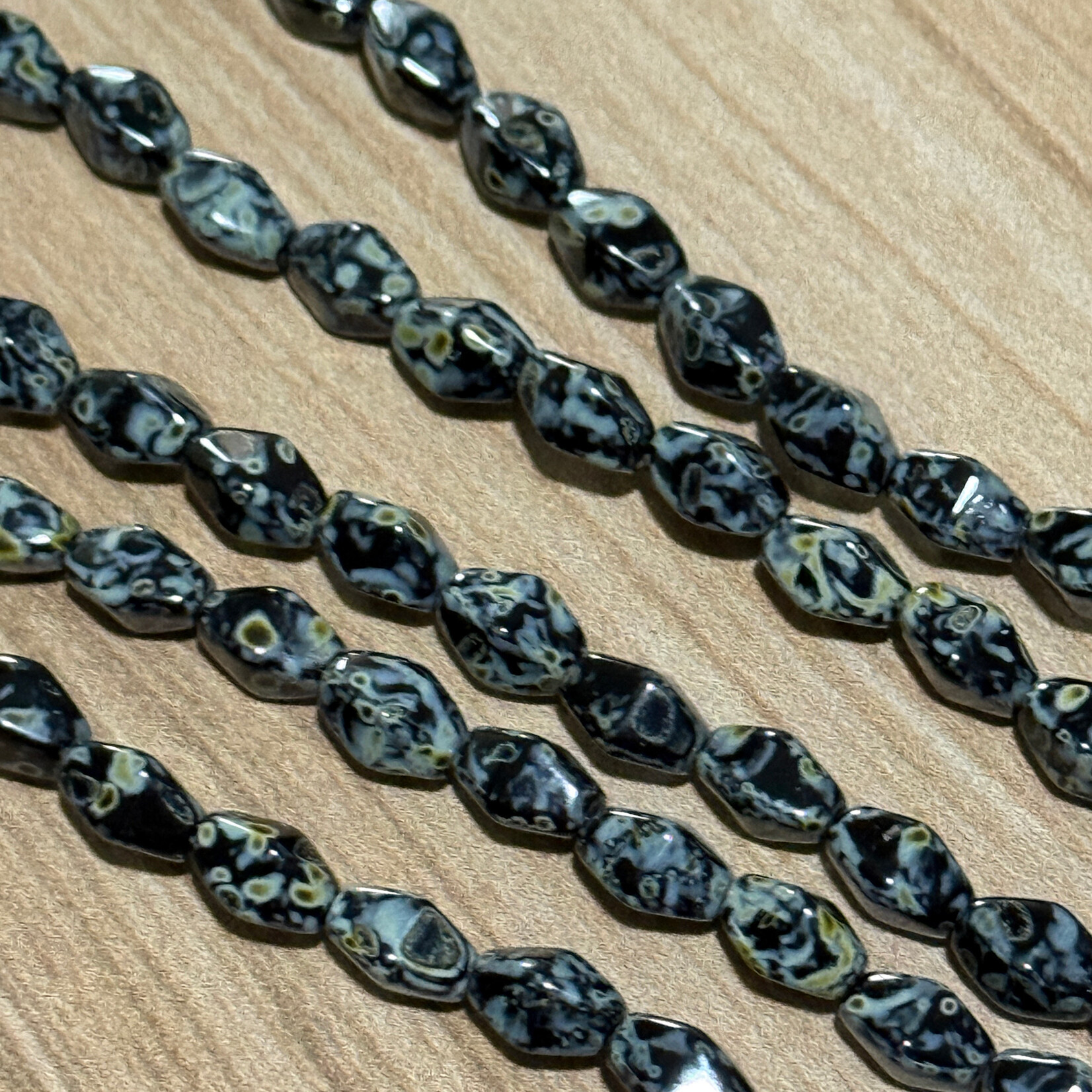 Czech Glass Long Bicone Jet Mottled Picasso Bead Strand