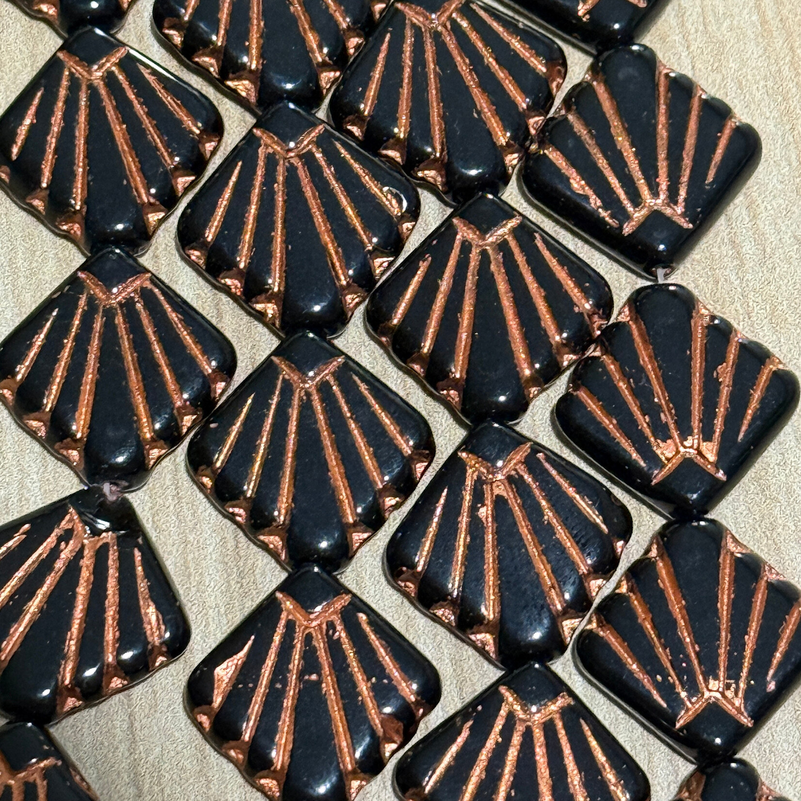 Czech Glass Flat Shell Fan Black with Copper Bead Strand