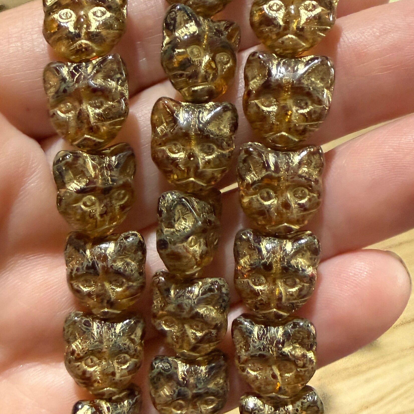 Czech Glass Cat Face Amber with Gold Wash Bead Strand