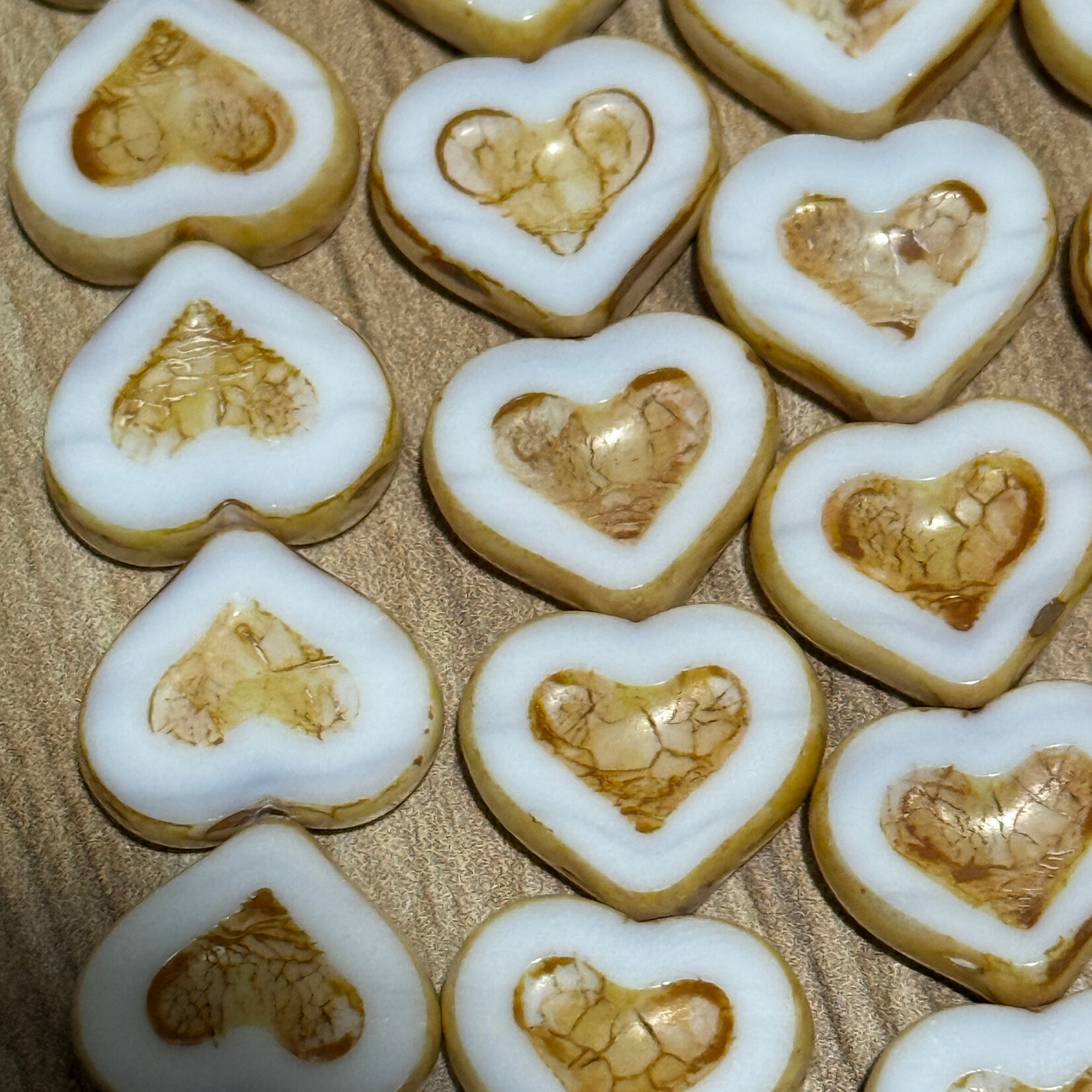 Czech Glass Table Cut Heart White and Brown Bead Strand