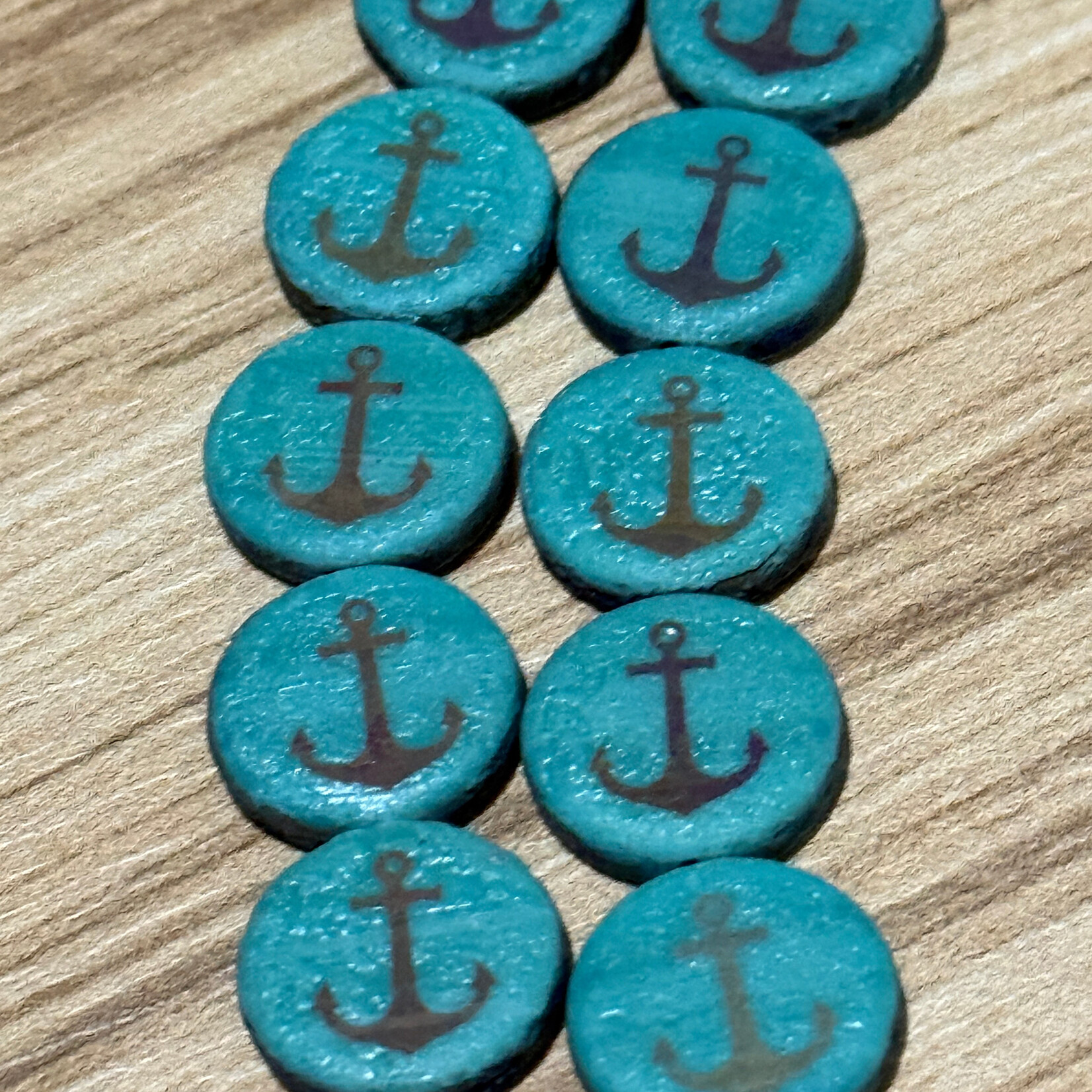 Czech Glass Coin Laser-Etched Anchor Teal Bead Strand