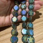 Czech Glass Coin Laser-Etched Sea Turtle Blue Green Bead Strand