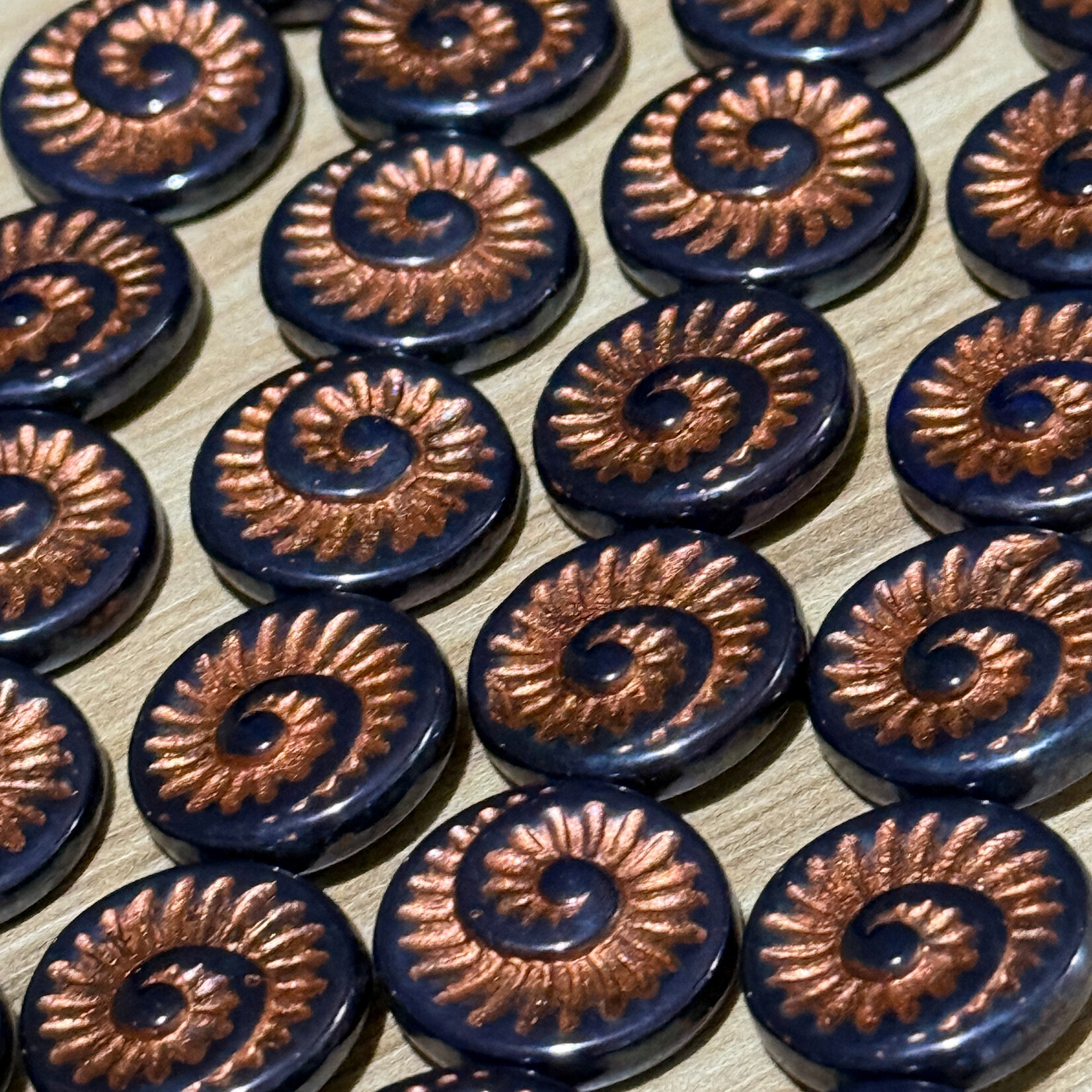 Czech Glass Coin Fossil Nautilus Black and Copper Bead Strand