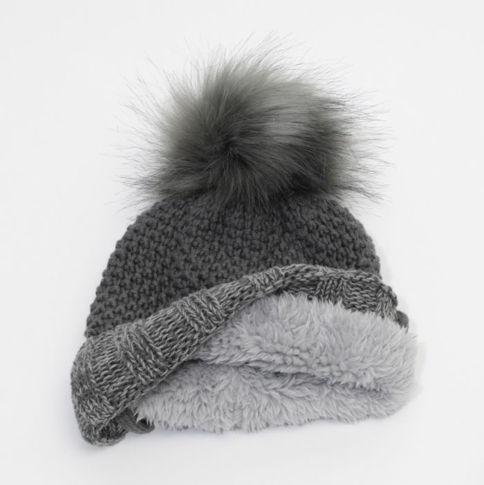 CaliKids Calikids Knit Fur PomPom Hat Charcoal Combo