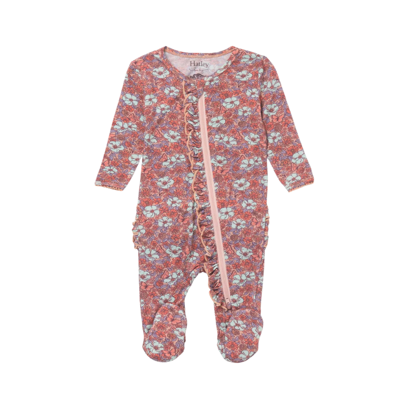 Hatley Hatley  Bum Footed Coverall Groovy Flowers Baby Ruffle Sepia Rose