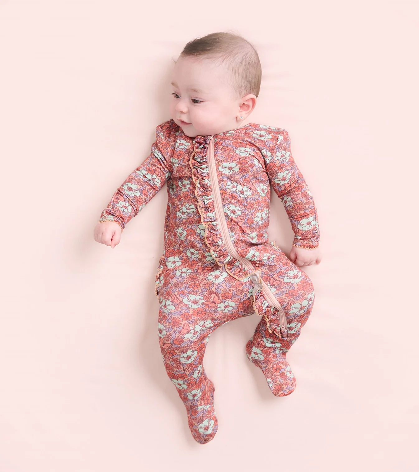 Hatley Hatley  Bum Footed Coverall Groovy Flowers Baby Ruffle Sepia Rose