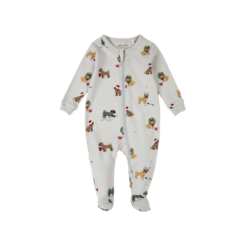 Petit Lem Petit Lem Footed SleeperAOP Christmas Puppies Light Grey