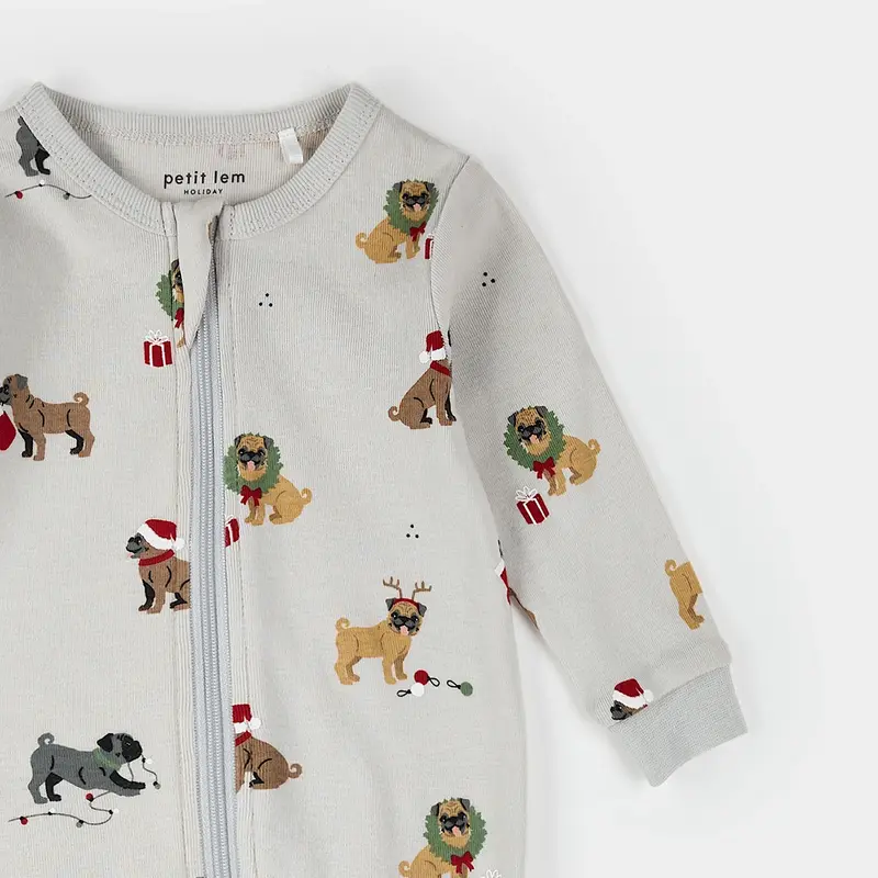 Petit Lem Petit Lem Footed SleeperAOP Christmas Puppies Light Grey