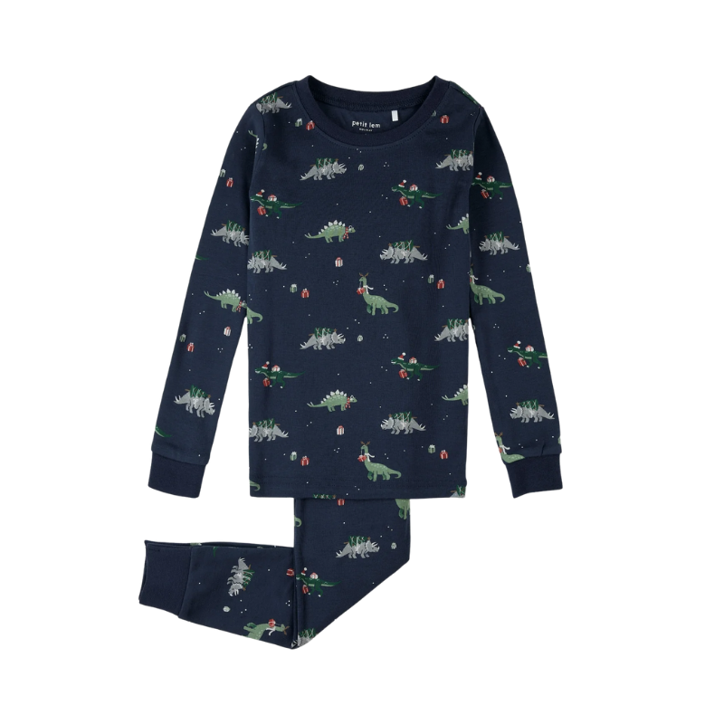 Petit Lem Petit Lem  2PC LS Pajamas Christmas Dinos Navy