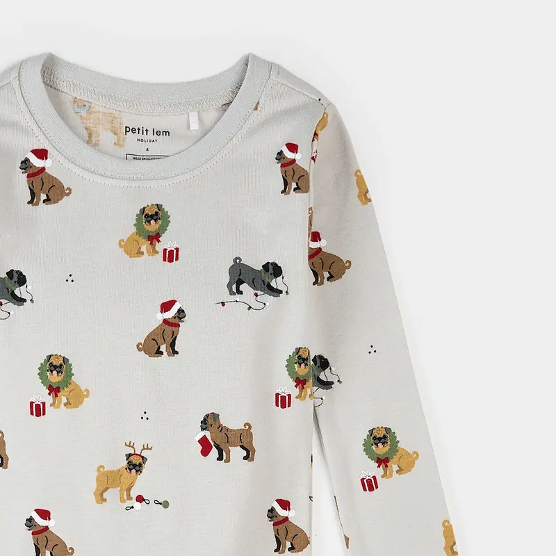 Petit Lem Petit Lem  2PC LS Pajamas AOP Christmas Puppies Light Grey