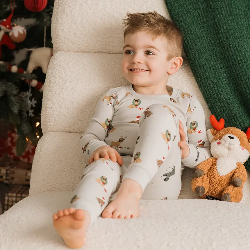 Petit Lem Petit Lem  2PC LS Pajamas AOP Christmas Puppies Light Grey
