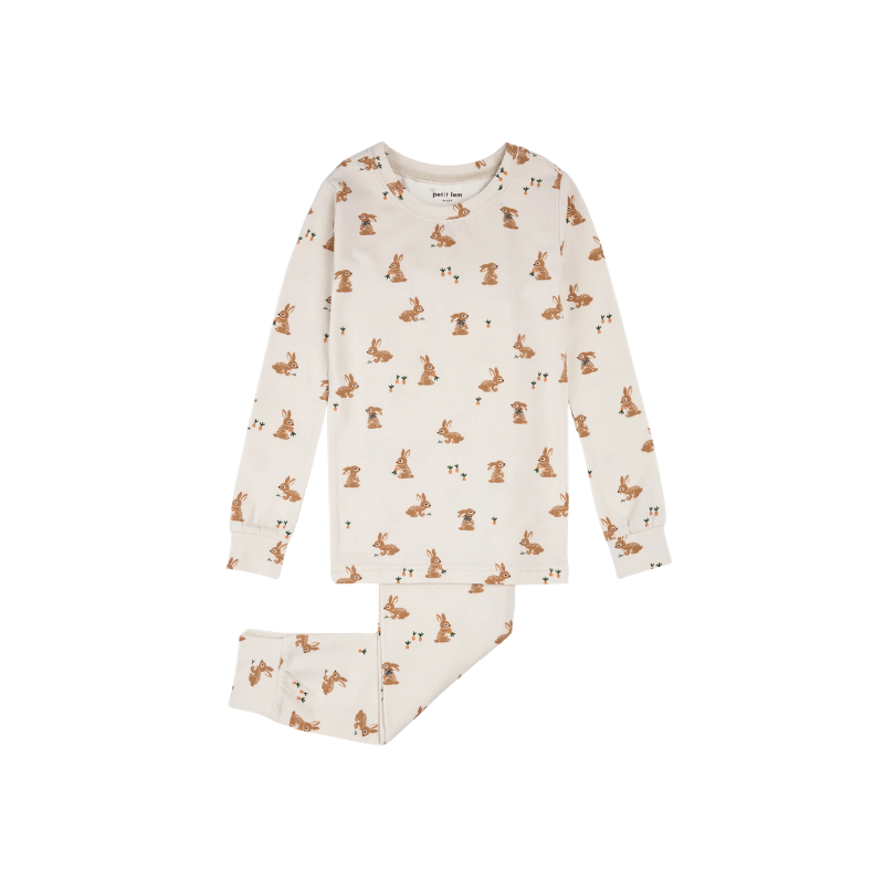Petit Lem Petit Lem 2PC LS Pajamas AOP Bunnies Beige