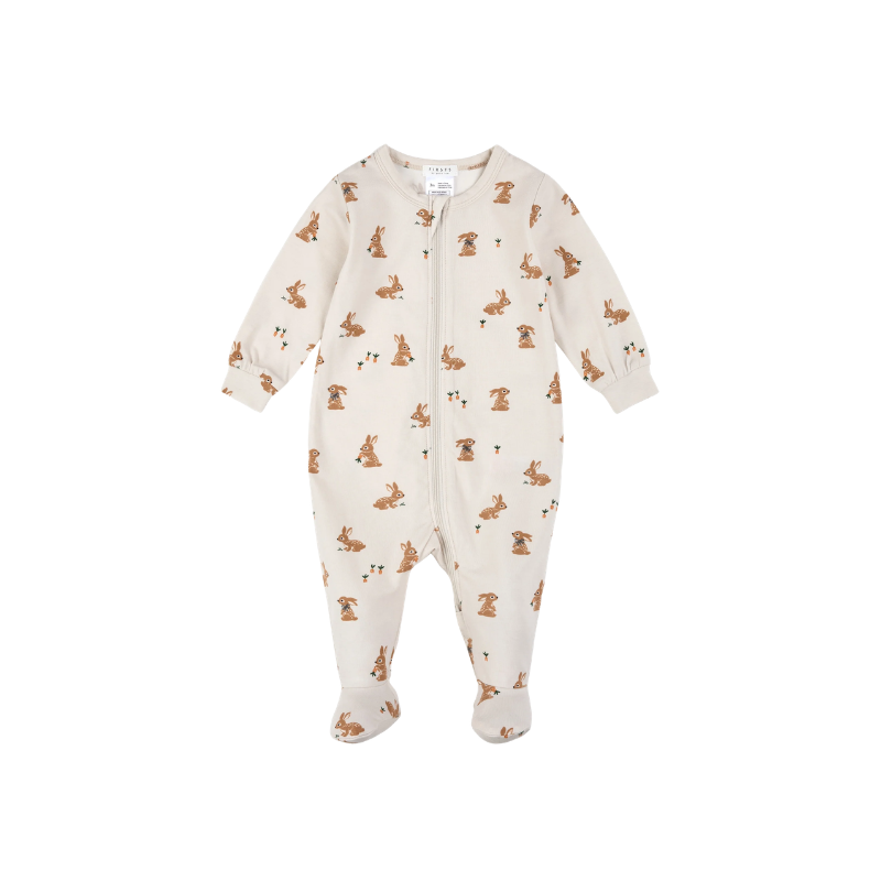 Petit Lem Petit Lem Footed Sleeper Knit AOP Bunnies Beige
