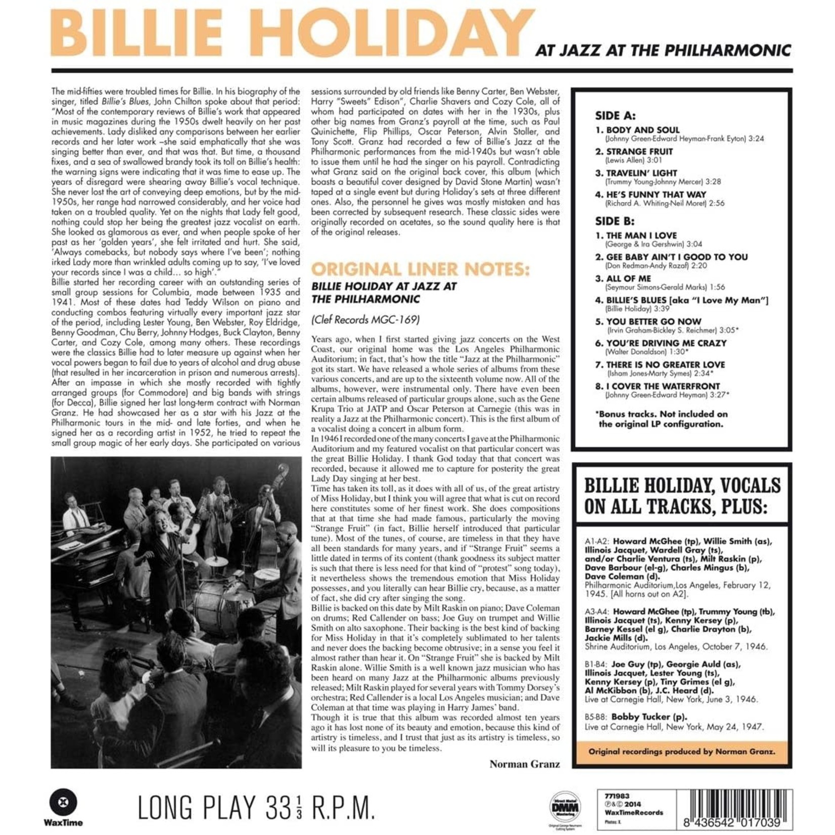 BILLIE HOLIDAY AT JAZZ AT THE PHILHARMONIC + 4 BONUS TRACKS  LP