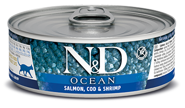 2.8oz Farmina N&D Ocean Salmon, Cod & Shrimp Cat Can - Long Dog