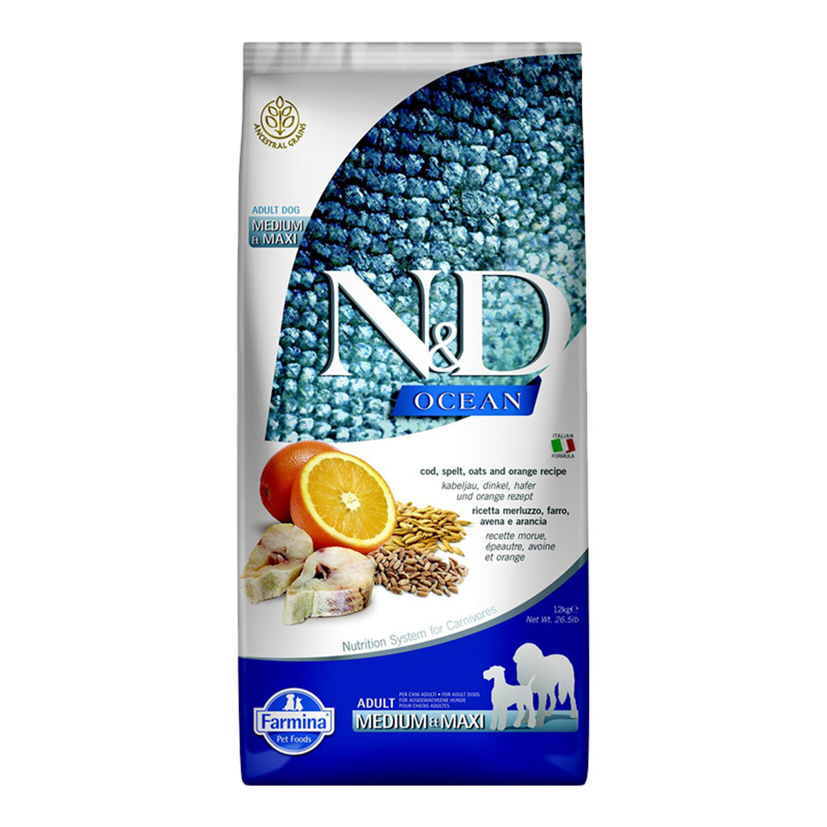 Farmina Farmina N&D Dog Ancestral Grain Ocean Cod & Orange Medium/Maxi 26.4lb