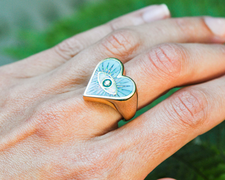 JACQUIE AICHE TURQUOISE AND OPAL EYE BURST HEART INLAY RING SIZE 6
