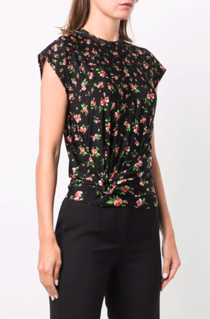 PACO RABANNE CAP SLEEVE FLORAL GATHERED BLOUSE