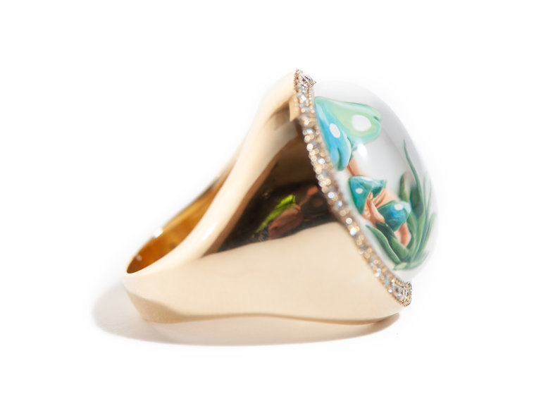 JACQUIE AICHE MOTHER OF PEARL PAINTED MUSHROOM RING