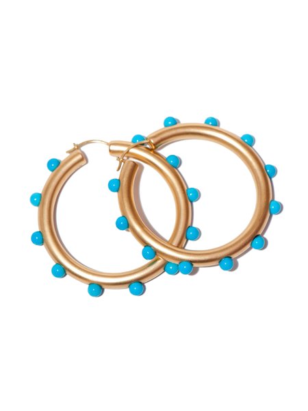 IRENE NEUWIRTH YELLOW GOLD HOOPS WITH TURQUOISE  GUMBALLS